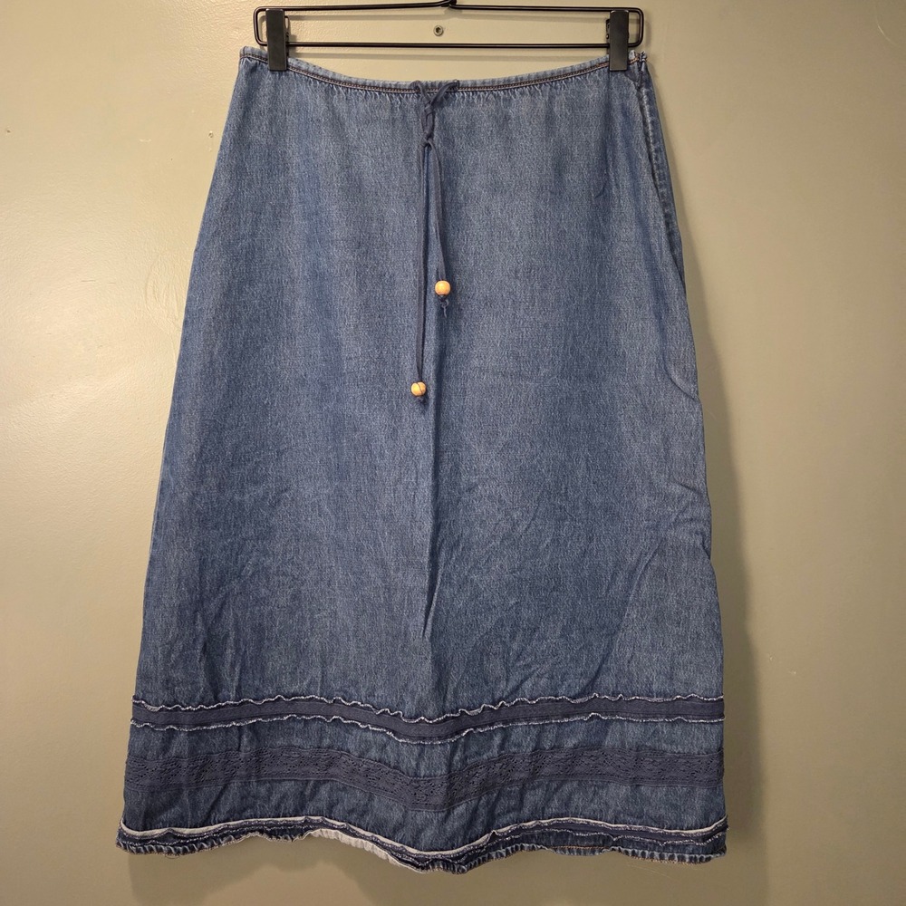 Vtg Susan Bristol Women's Jean Midi Skirt Size M Crochet Trim Medium Wash Denim